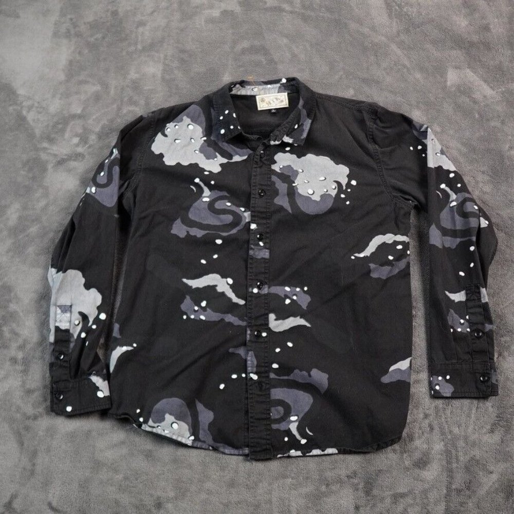 Rook‎ Shirt Mens Large Black Gray Camo Streetwear Button Up Faded Y2K